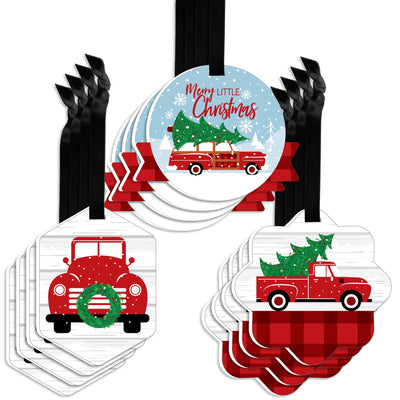 Merry Little Christmas Tree - Assorted Hanging Red Truck and Car Christmas Party Favor Tags - Gift Tag Toppers - Set of 12