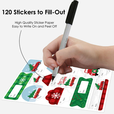 Merry Little Christmas Tree - Assorted Red Truck and Car Christmas Party Gift Tag Labels - To and From Stickers - 12 Sheets - 120 Stickers