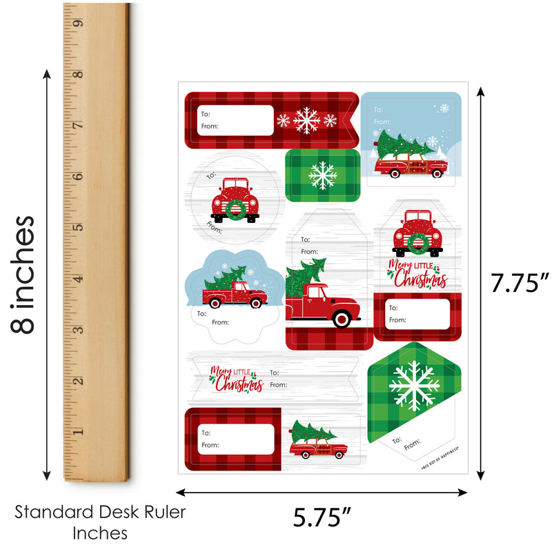 Merry Little Christmas Tree - Assorted Red Truck and Car Christmas Party Gift Tag Labels - To and From Stickers - 12 Sheets - 120 Stickers
