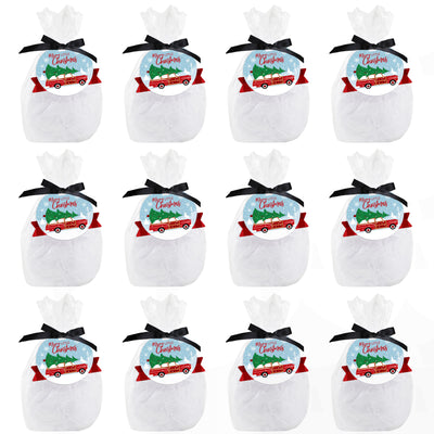 Merry Little Christmas Tree - Red Car Christmas Party Clear Goodie Favor Bags - Treat Bags With Tags - Set of 12