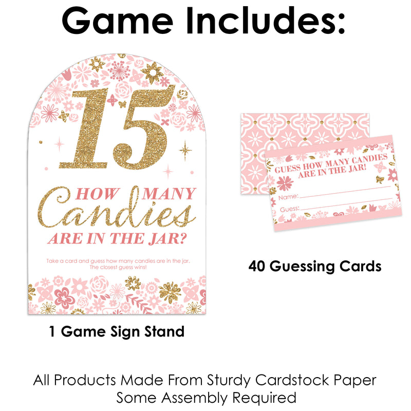 Mis Quince Anos - How Many Candies Quinceanera Sweet 15 Birthday Party Game - 1 Stand and 40 Cards - Candy Guessing Game