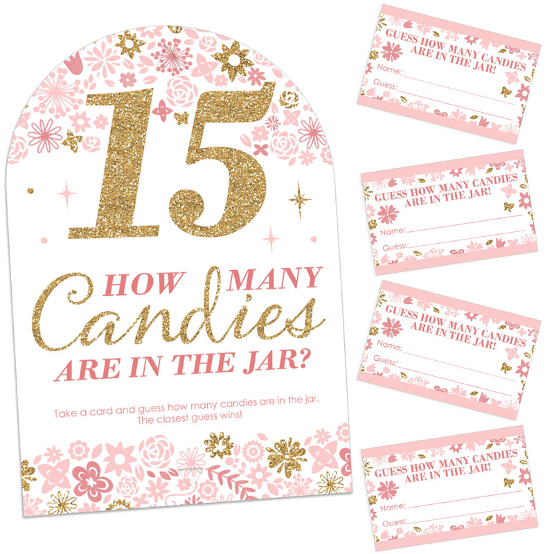 Mis Quince Anos - How Many Candies Quinceanera Sweet 15 Birthday Party Game - 1 Stand and 40 Cards - Candy Guessing Game