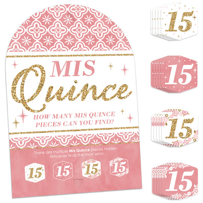 Mis Quince Anos - Quinceanera Sweet 15 Birthday Party Scavenger Hunt - 1 Stand and 48 Game Pieces - Hide and Find Game