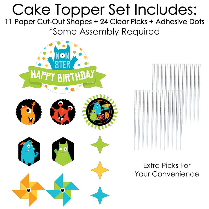 Monster Bash - Little Monster Birthday Party Cake Decorating Kit - Happy Birthday Cake Topper Set - 11 Pieces