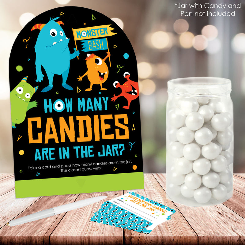 Monster Bash - How Many Candies Little Monster Birthday Party or Baby Shower Game - 1 Stand and 40 Cards - Candy Guessing Game
