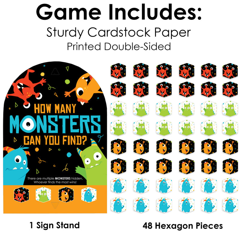 Monster Bash - Little Monster Birthday Party or Baby Shower Scavenger Hunt - 1 Stand and 48 Game Pieces - Hide and Find Game