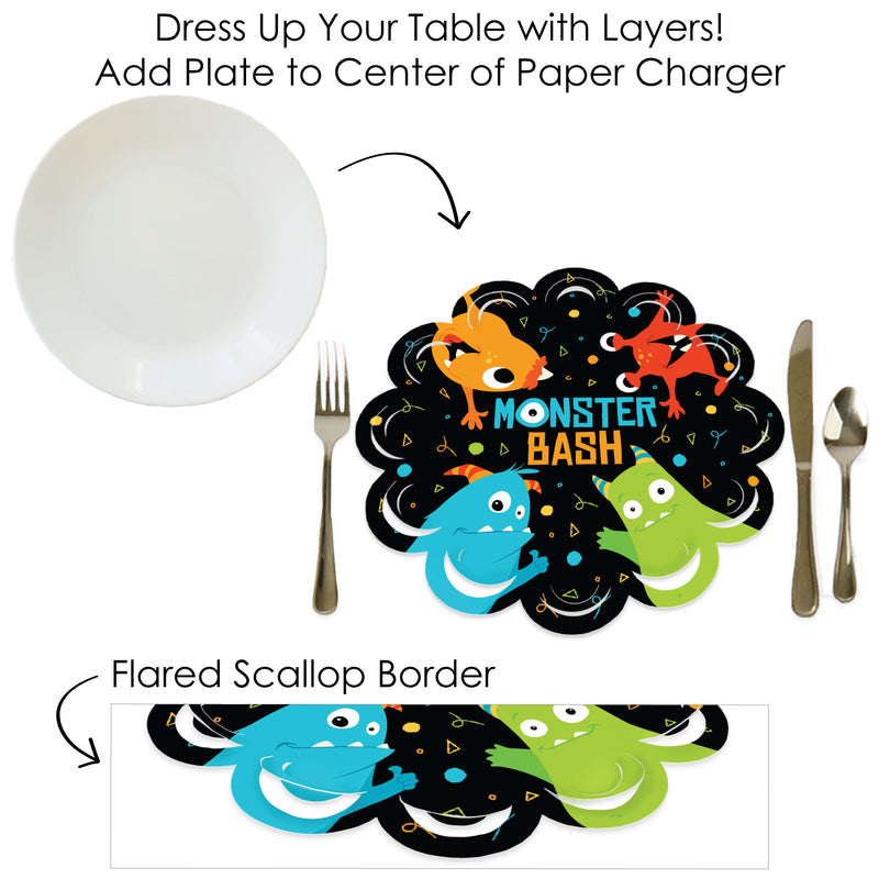 Monster Bash - Little Monster Birthday Party or Baby Shower Round Table Decorations - Paper Chargers - Place Setting For 12
