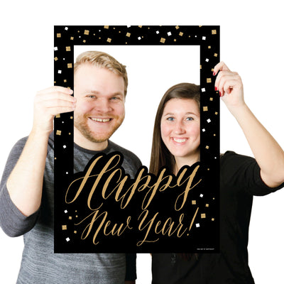 New Year's Eve - Gold - New Years Eve Selfie Photo Booth Picture Frame & Props - Printed on Sturdy Material