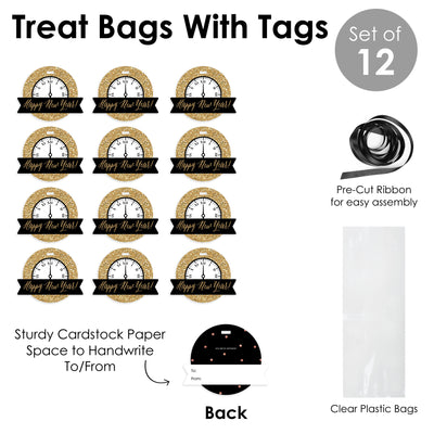 New Year's Eve - Gold - New Years Eve Party Clear Goodie Favor Bags - Treat Bags With Tags - Set of 12