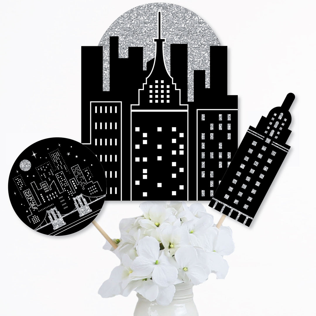 Nighttime City Skyline - New York Party Centerpiece Sticks - Table Toppers - Set of 15