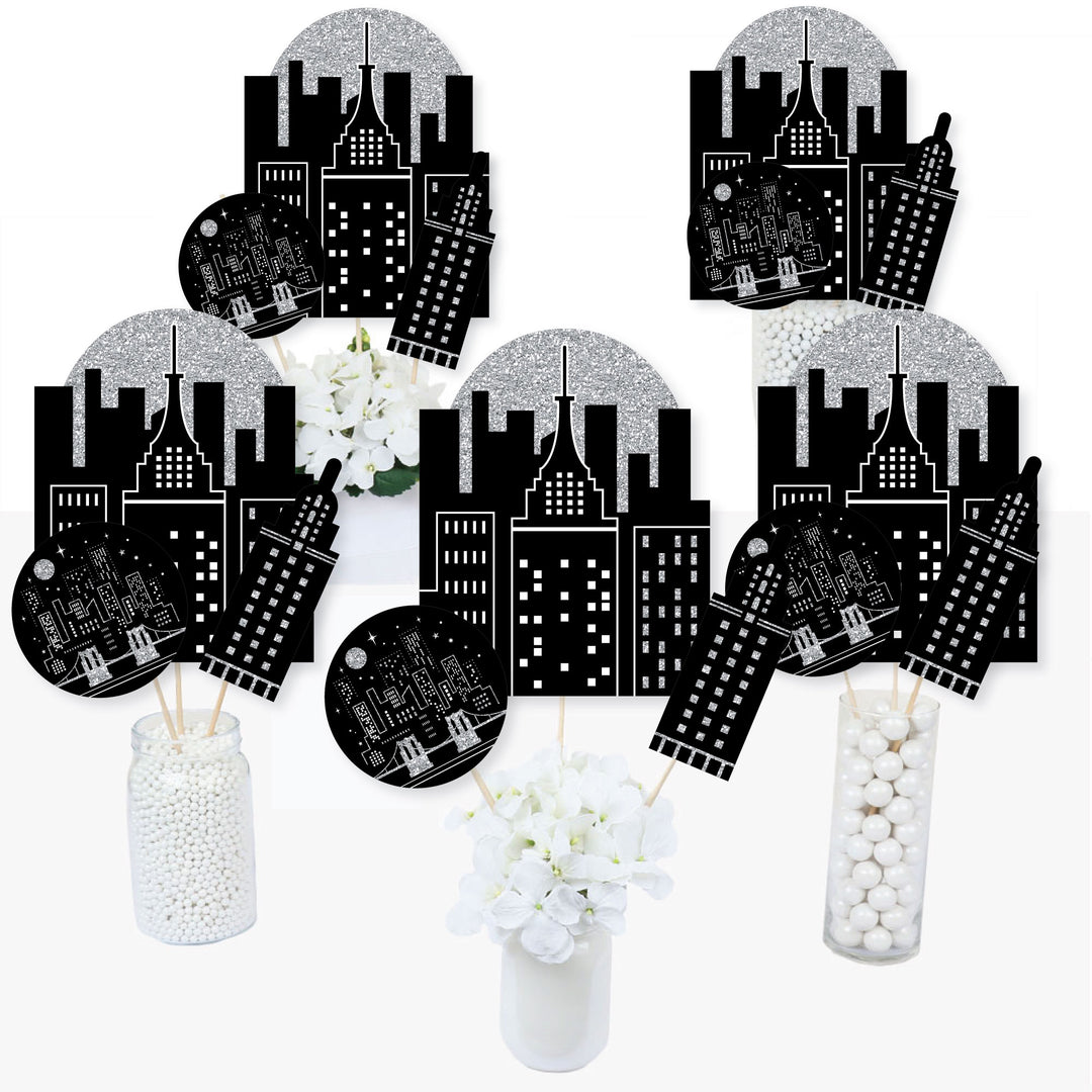 Nighttime City Skyline - New York Party Centerpiece Sticks - Table Toppers - Set of 15