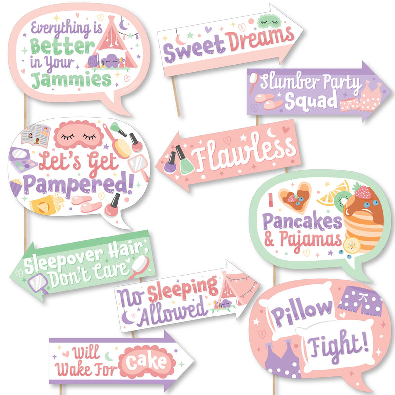 Funny Pajama Slumber Party - Girls Sleepover Birthday Party Photo Booth Props Kit - 10 Piece