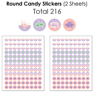 Pajama Slumber Party - Mini Candy Bar Wrappers, Round Candy Stickers and Circle Stickers - Girls Sleepover Birthday Party Candy Favor Sticker Kit - 304 Pieces
