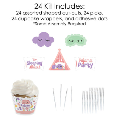 Pajama Slumber Party - Cupcake Decoration - Girls Sleepover Birthday Party Cupcake Wrappers and Treat Picks Kit - Set of 24