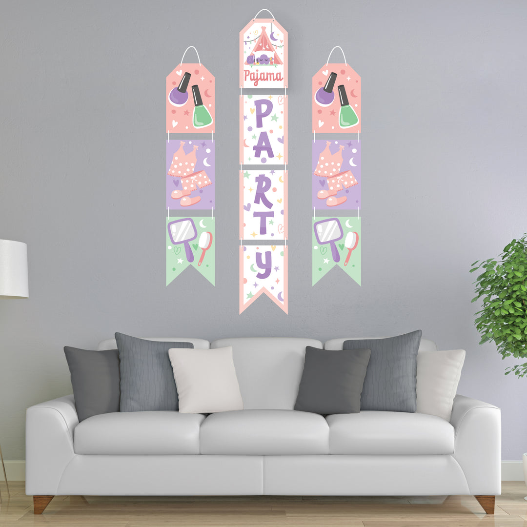 Pajama Slumber Party - Hanging Vertical Paper Door Banners - Girls Sleepover Birthday Party Wall Decoration Kit - Indoor Door Decor