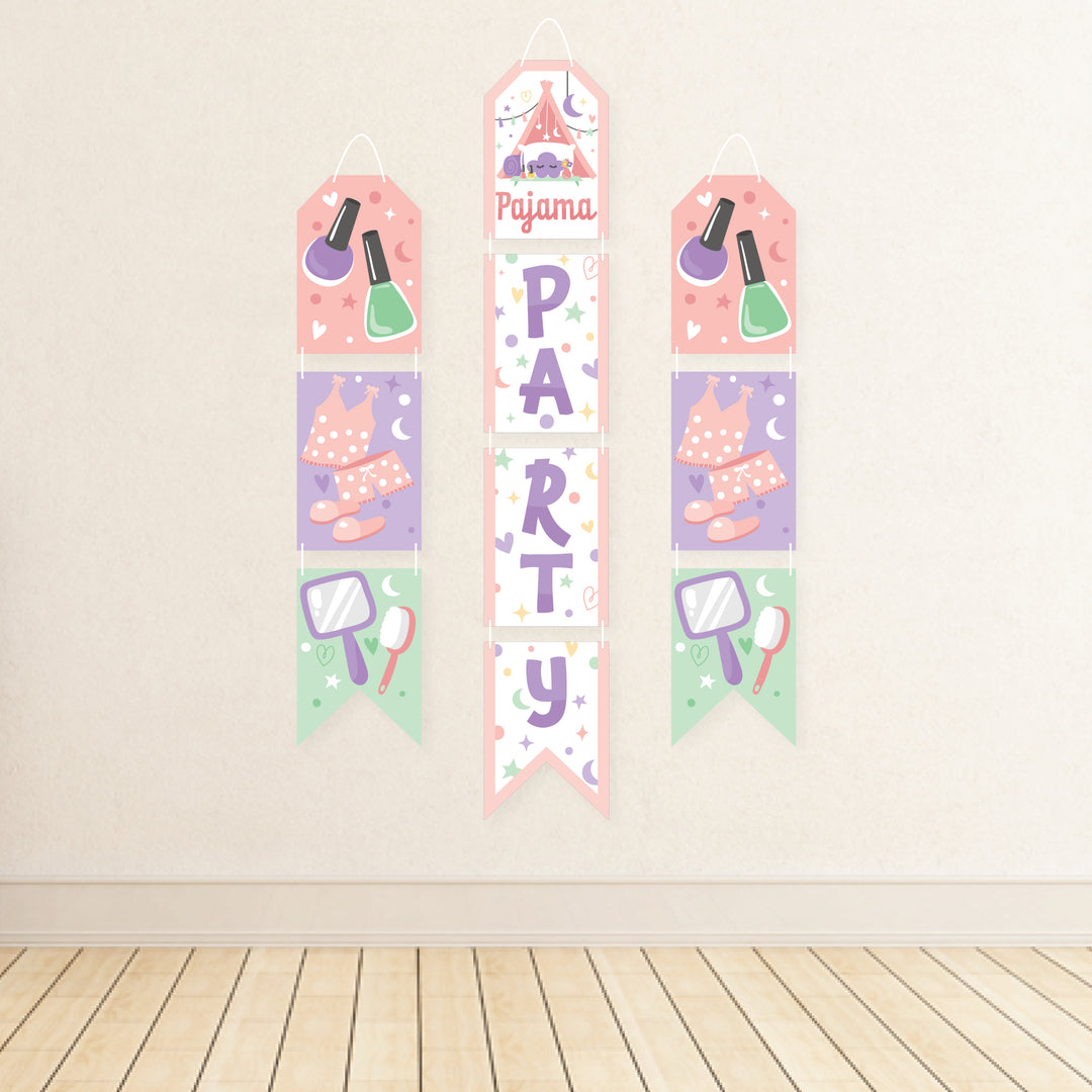 Pajama Slumber Party - Hanging Vertical Paper Door Banners - Girls Sleepover Birthday Party Wall Decoration Kit - Indoor Door Decor