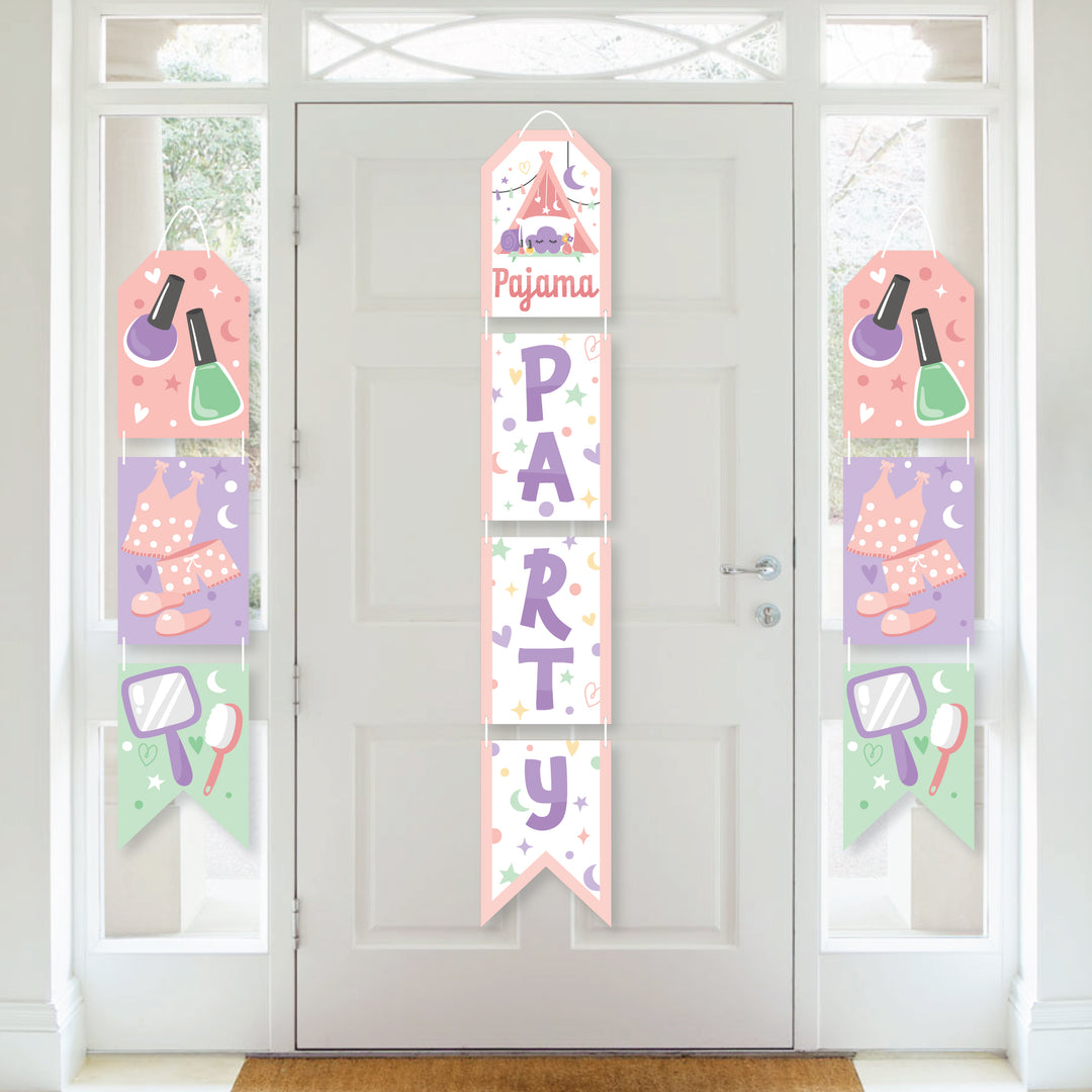 Pajama Slumber Party - Hanging Vertical Paper Door Banners - Girls Sleepover Birthday Party Wall Decoration Kit - Indoor Door Decor