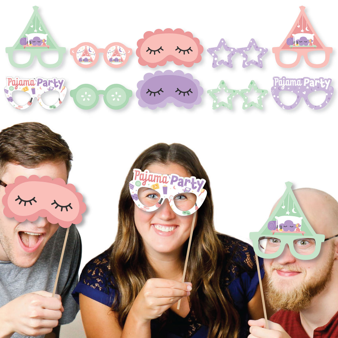 Pajama Slumber Party Glasses and Masks - Paper Card Stock Girls Sleepover Birthday Party Photo Booth Props Kit - 10 Count