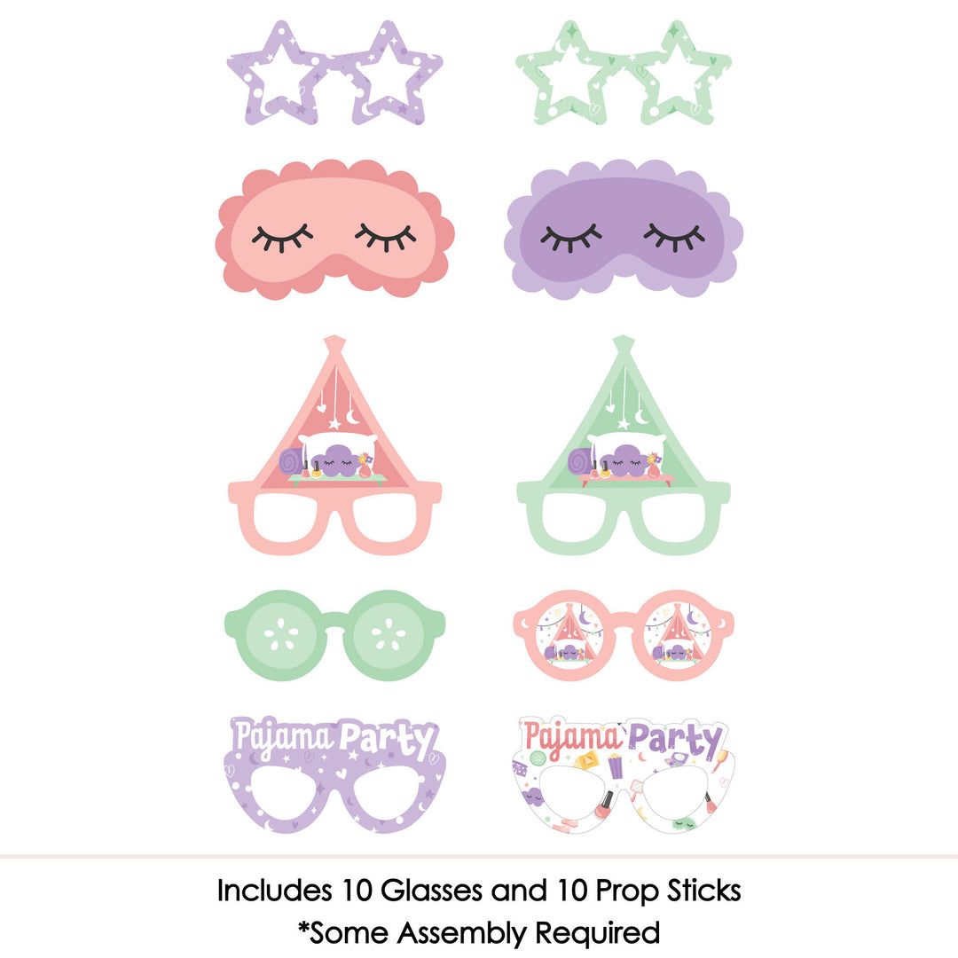 Pajama Slumber Party Glasses and Masks - Paper Card Stock Girls Sleepover Birthday Party Photo Booth Props Kit - 10 Count
