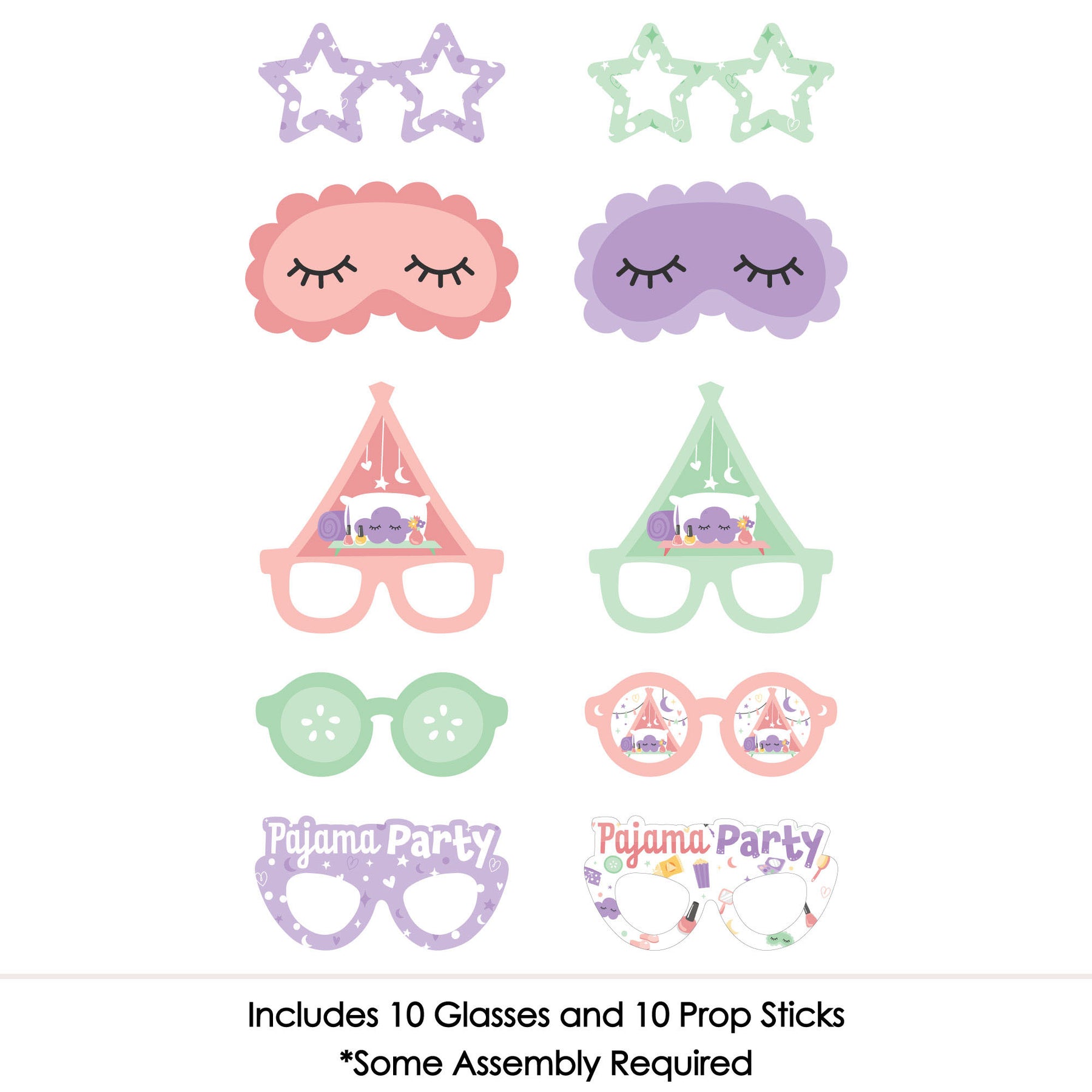 Slumber Props Pajama Slumber Party Glasses and Masks - Paper Card Stock Girls ...