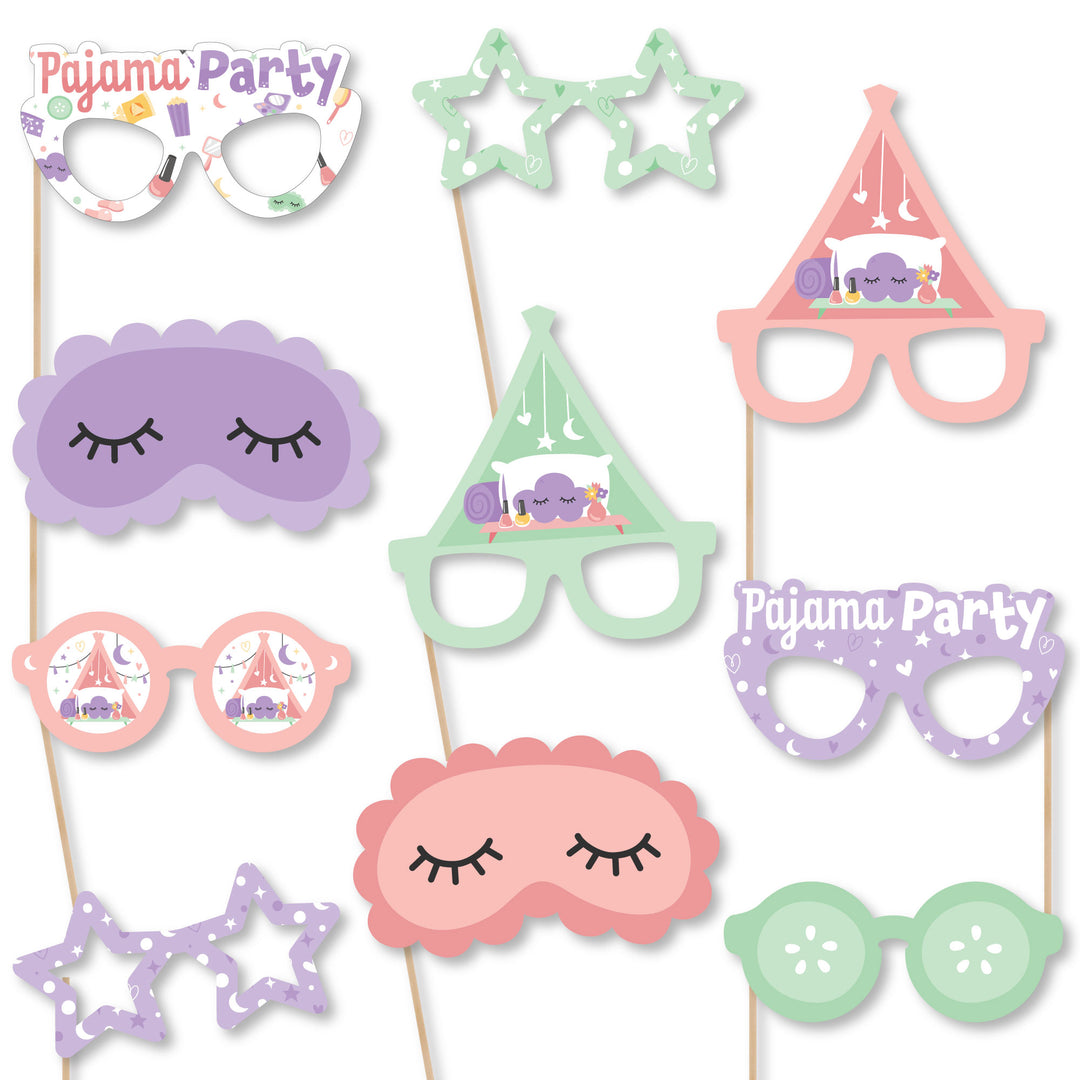 Pajama Slumber Party Glasses and Masks - Paper Card Stock Girls Sleepover Birthday Party Photo Booth Props Kit - 10 Count