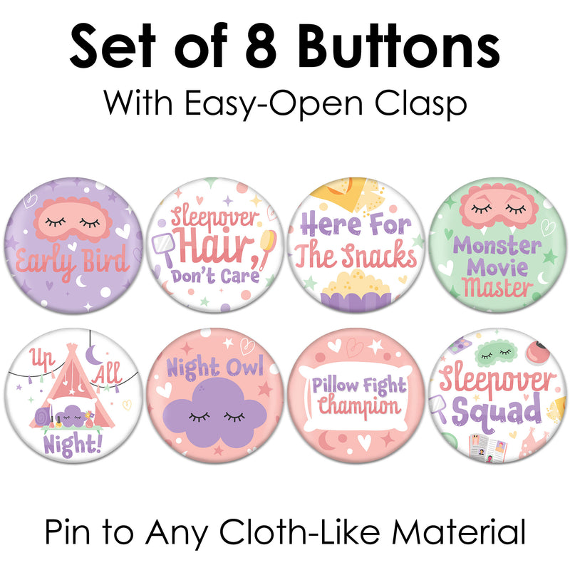 Pajama Slumber Party - 3 inch Girls Sleepover Birthday Party Badge - Pinback Buttons - Set of 8