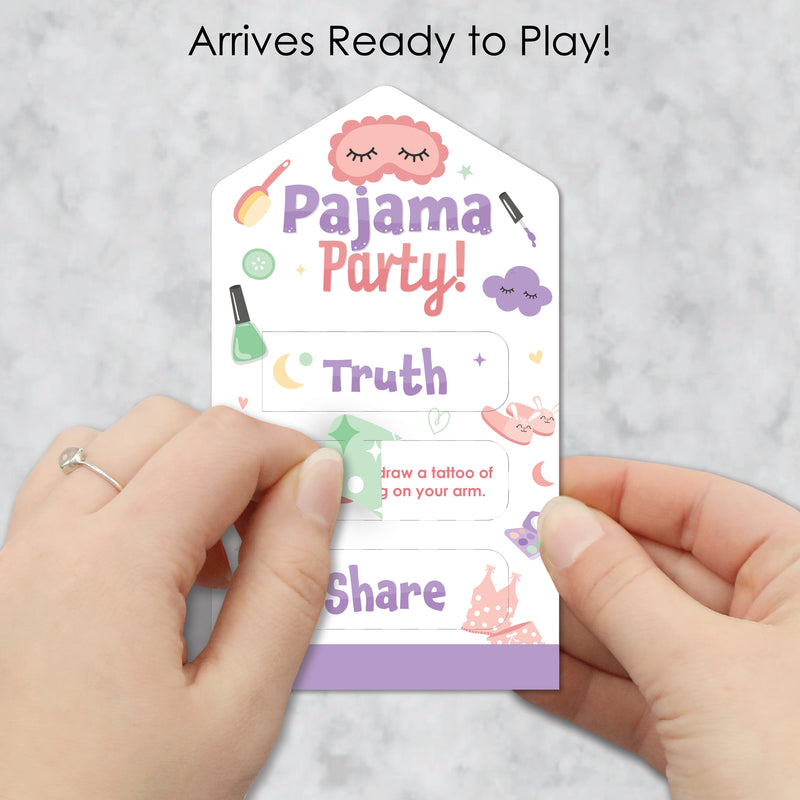 Pajama Slumber Party - Girls Sleepover Birthday Party Game Pickle Cards - Truth, Dare, Share Pull Tabs - Set of 12