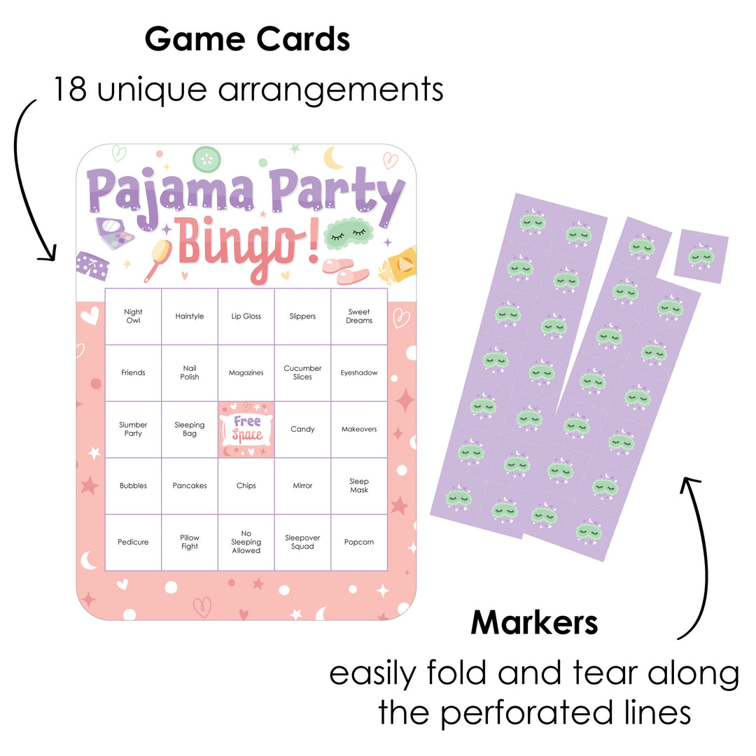 Pajama Slumber Party - Bingo Cards and Markers - Girls Sleepover Birthday Party Bingo Game - Set of 18