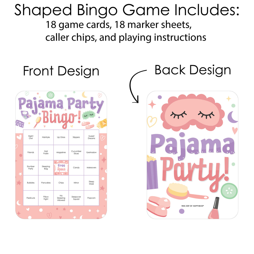 Pajama Slumber Party - Bingo Cards and Markers - Girls Sleepover Birthday Party Bingo Game - Set of 18