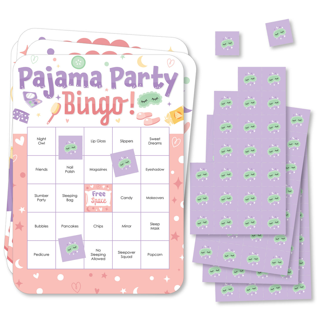 Pajama Slumber Party - Bingo Cards and Markers - Girls Sleepover Birthday Party Bingo Game - Set of 18