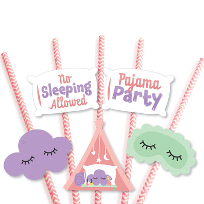 Pajama Slumber Party - Paper Straw Decor - Girls Sleepover Birthday Party Striped Decorative Straws - Set of 24