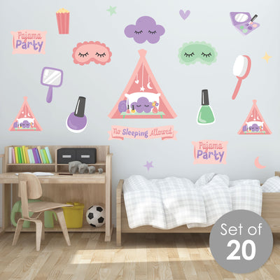 Pajama Slumber Party - Peel and Stick Girl Birthday Vinyl Wall Art Stickers - Wall Decals - Set of 20