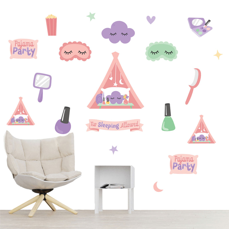 Pajama Slumber Party - Peel and Stick Girl Birthday Vinyl Wall Art Stickers - Wall Decals - Set of 20