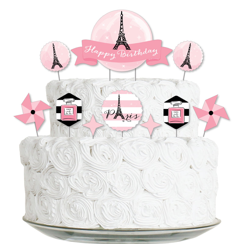 Paris, Ooh La La - Paris Themed Birthday Party Cake Decorating Kit - Happy Birthday Cake Topper Set - 11 Pieces