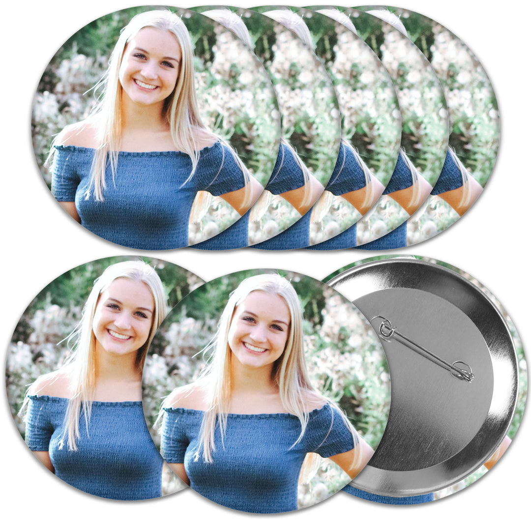 A set of 8 custom pinback buttons with a photo to them, displaying an image of a smiling person wearing a blue off-the-shoulder top.