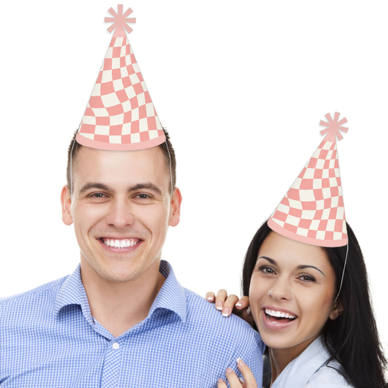 Pink Checkered Party - Cone Happy Birthday Party Hats for Kids and Adults - Set of 8 (Standard Size)