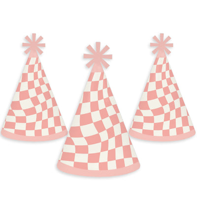 Pink Checkered Party - Cone Happy Birthday Party Hats for Kids and Adults - Set of 8 (Standard Size)