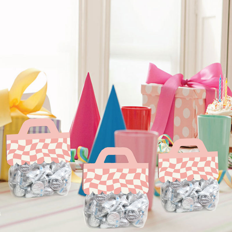Pink Checkered Party - DIY Clear Goodie Favor Bag Labels - Candy Bags with Toppers - Set of 24