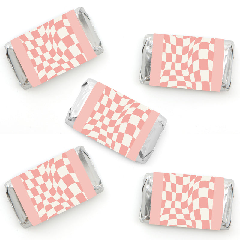 Pink Checkered Party - Mini Candy Bar Wrapper Stickers - Small Favors - 40 Count