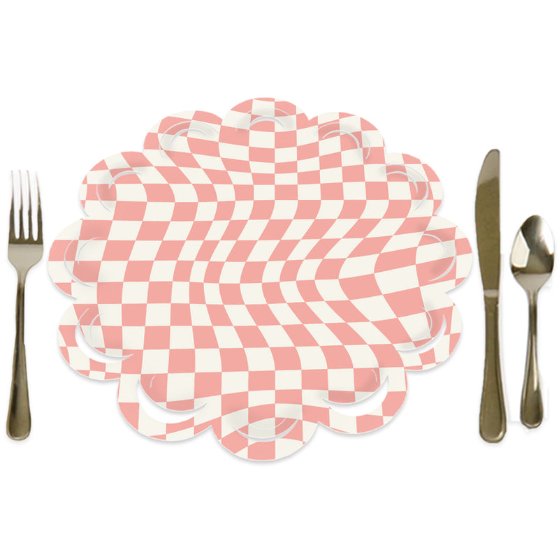 Pink Checkered Party - Round Table Decorations - Paper Chargers - Place Setting For 12