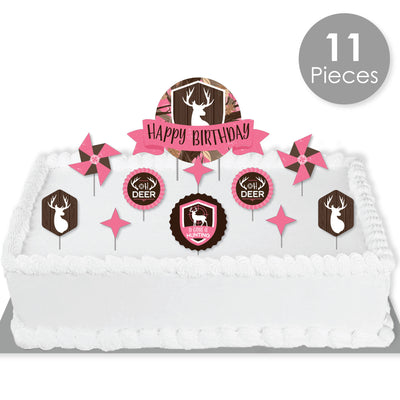 Pink Gone Hunting - Deer Hunting Girl Camo Birthday Party Cake Decorating Kit - Happy Birthday Cake Topper Set - 11 Pieces