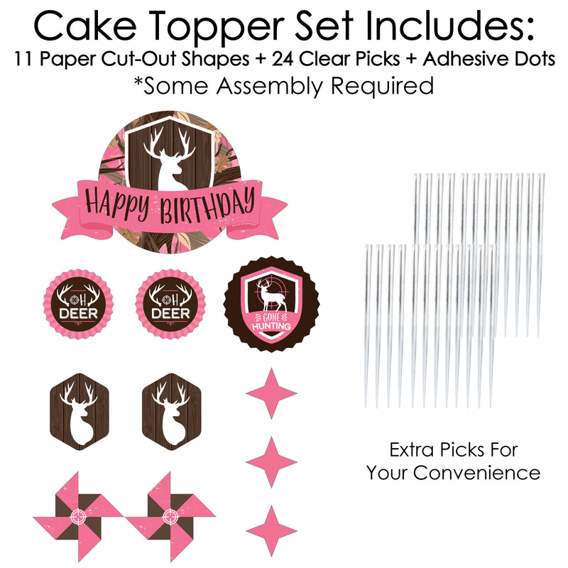 Pink Gone Hunting - Deer Hunting Girl Camo Birthday Party Cake Decorating Kit - Happy Birthday Cake Topper Set - 11 Pieces