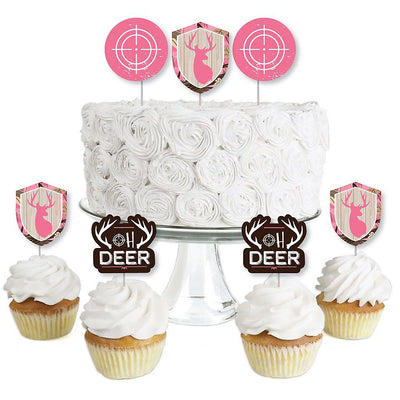 Pink Gone Hunting - Dessert Cupcake Toppers - Deer Hunting Girl Camo Party Clear Treat Picks - Set of 24
