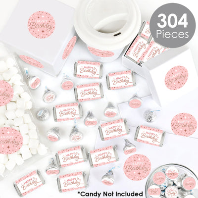 Pink Rose Gold Birthday - Mini Candy Bar Wrappers, Round Candy Stickers and Circle Stickers - Happy Birthday Party Candy Favor Sticker Kit - 304 Pieces
