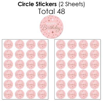Pink Rose Gold Birthday - Mini Candy Bar Wrappers, Round Candy Stickers and Circle Stickers - Happy Birthday Party Candy Favor Sticker Kit - 304 Pieces