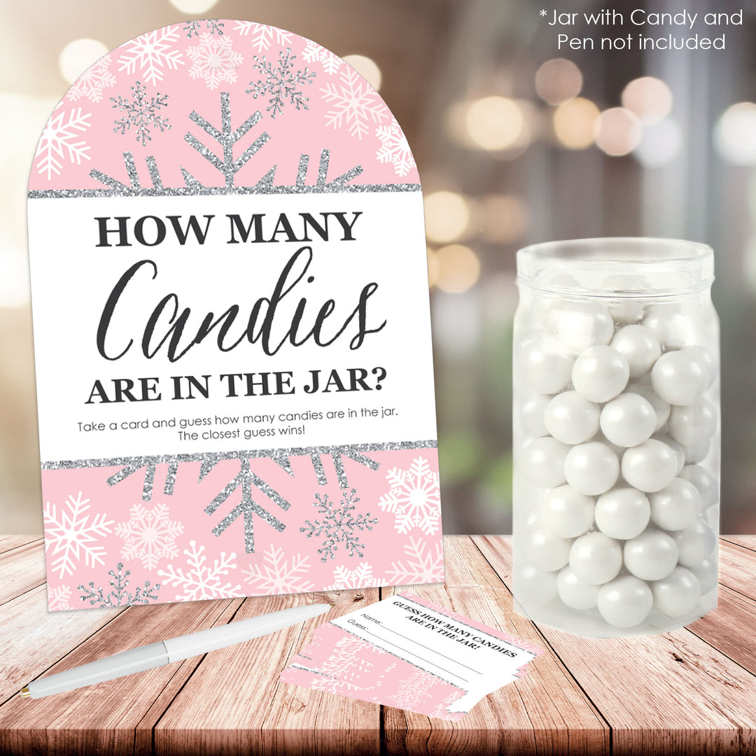 Pink Winter Wonderland - How Many Candies Holiday Snowflake Birthday Party and Baby Shower Game - 1 Stand and 40 Cards - Candy Guessing Game
