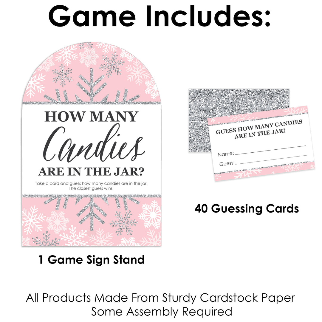 Pink Winter Wonderland - How Many Candies Holiday Snowflake Birthday Party and Baby Shower Game - 1 Stand and 40 Cards - Candy Guessing Game
