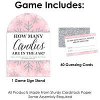 Pink Winter Wonderland - How Many Candies Holiday Snowflake Birthday Party and Baby Shower Game - 1 Stand and 40 Cards - Candy Guessing Game