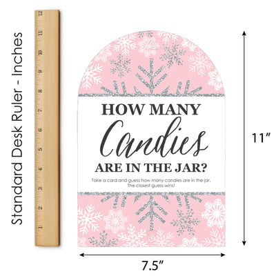 Pink Winter Wonderland - How Many Candies Holiday Snowflake Birthday Party and Baby Shower Game - 1 Stand and 40 Cards - Candy Guessing Game