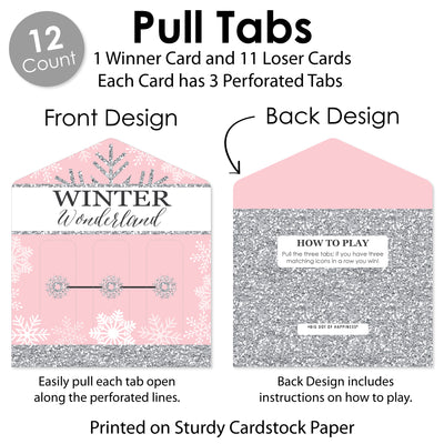 Pink Winter Wonderland - Holiday Snowflake Birthday Party and Baby Shower Game Pickle Cards - Pull Tabs 3-in-a-Row - Set of 12